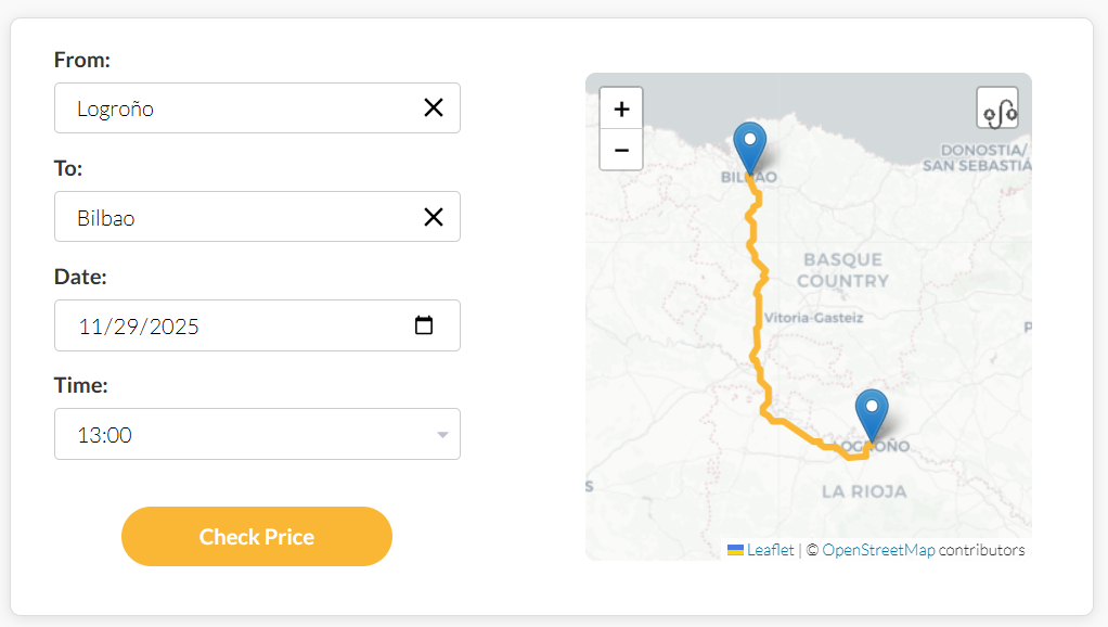 Taxibestillingssysteminterface, der viser rutevalgsformular og interaktivt kort med bestillingsfunktionalitet